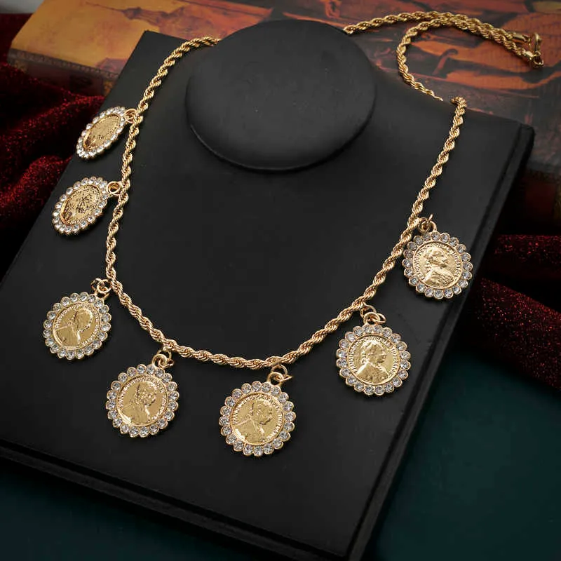 Nieuwe Napoleon Figure Coin Ketting voor Dames Arabische Luxe Vergulde Crystal Long Chain Mulism Bruiloft Sieraden