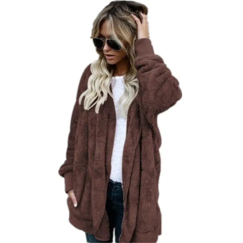 S-5XL Faux Fur Bear Bear Casaco Casaco Mulheres Moda Open Stitch Inverno Casaco Com Capuz Feminino Manga Longa Fuzzy Jacket