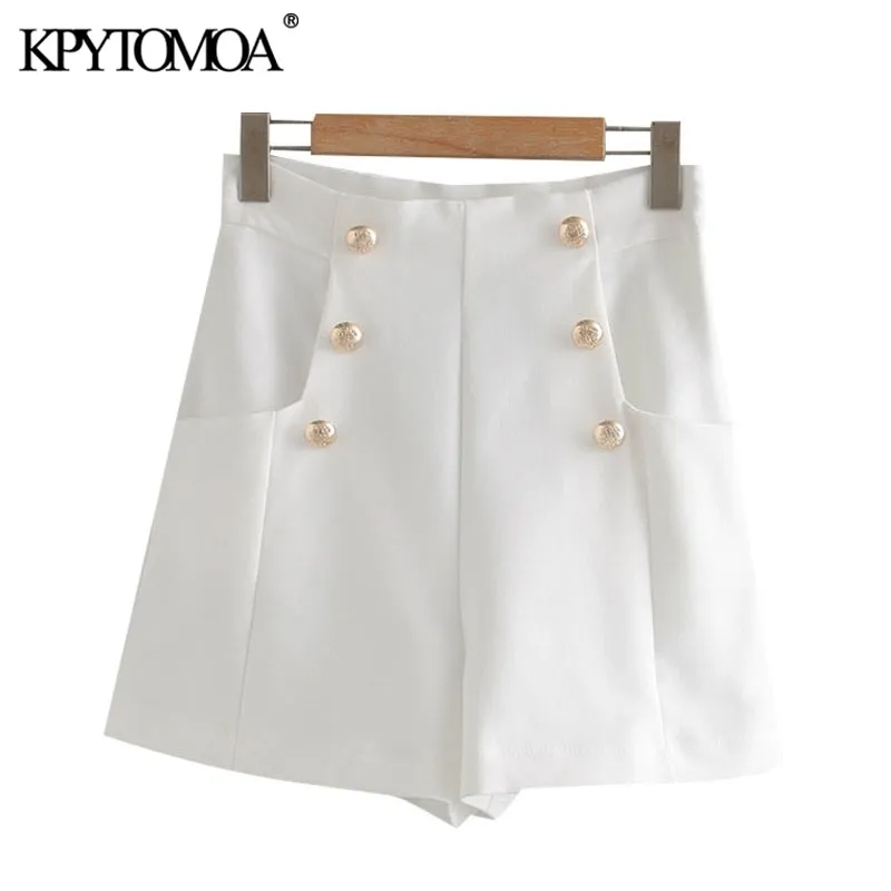 KPYTOMOA Women Chic Modna moda z przyciskami Pockets Bermuda Shorts Vintage High Tase Side Zapip Kobieta Ropa Mujer 210309