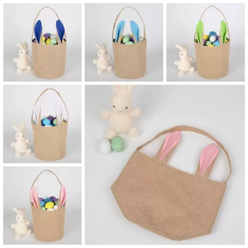 5 colori fai da te coniglietto pasquale borsa secchiello iuta orecchio custodia tote borse a mano tela regali per bambini borse in cotone decorazione del partito CG001