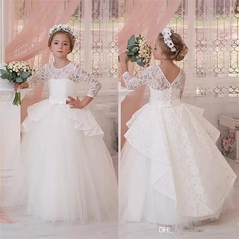 Nouvelle Princesse Robe De Bal Blanc Dentelle Fleur Filles Robes Pour Les Mariages Pas Cher 2018 Tulle Ceinture Arc Noeud Personnalisé Première Communion Robe Robe