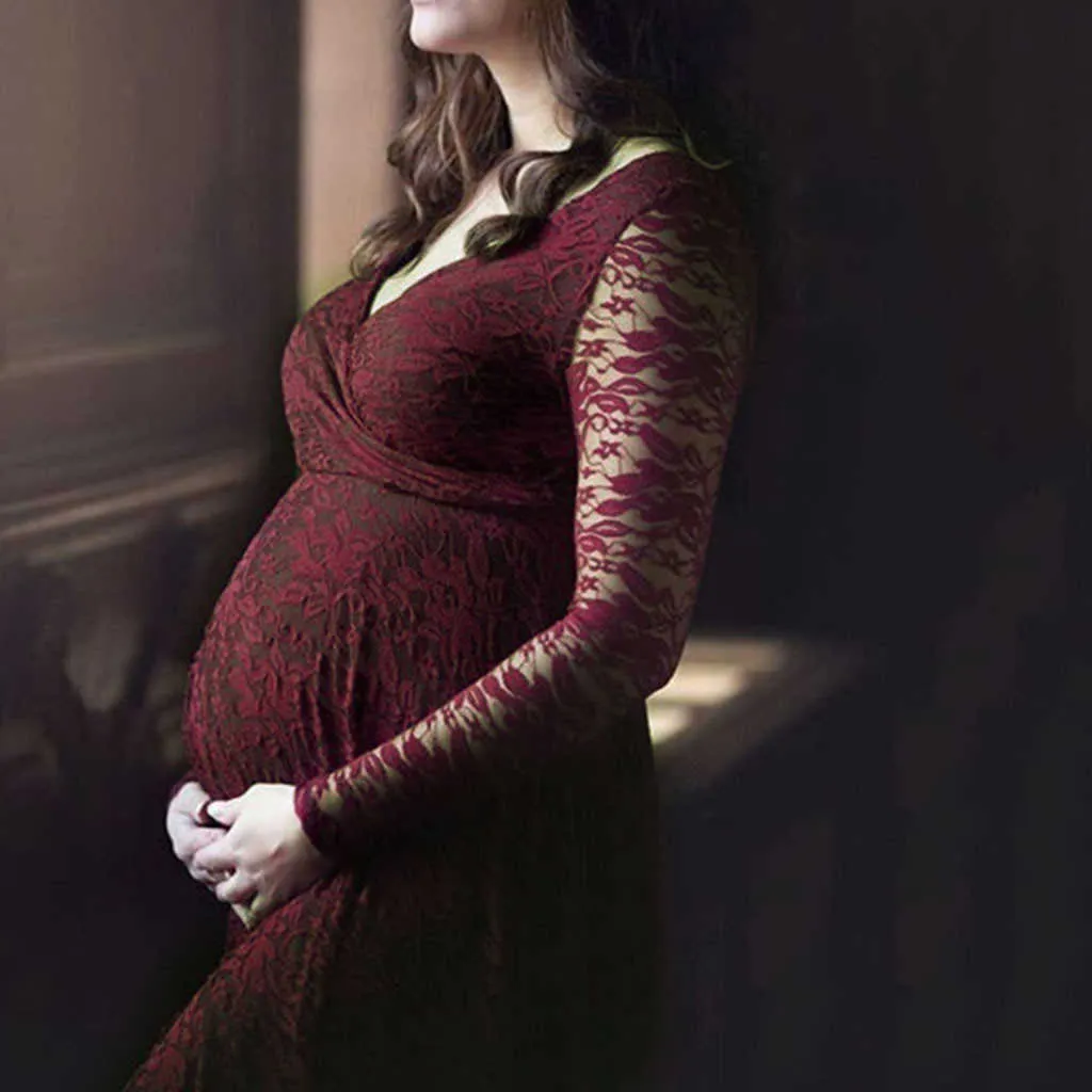 Ubrania w ciąży koronki z długim rękawem Suknie Ciążowe Suknie do zdjęcia Seksowna V Neck Ciąża Sukienka Fotografia Kobieta w ciąży Y0924