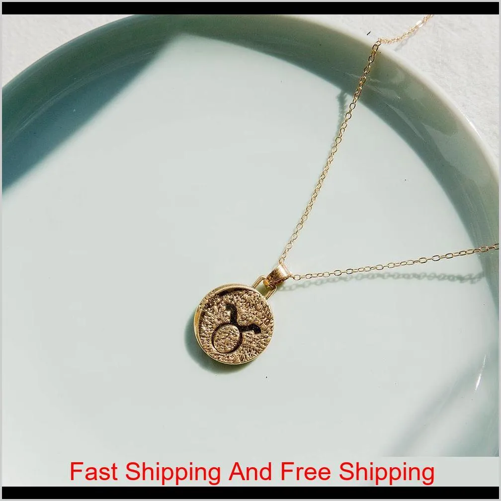 gold chain hammered metal emboss 12 zodiac horoscope astrology pendant necklace retro fashion neck jewelry minimalist round charm