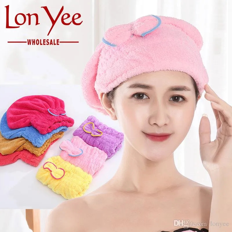 Coral Fleece Bath Hat Magic Hair Dry Dry Turban Wrap Towel Hat Absorption d'eau Quick Dry Bath Cap Cute Bow Make Up Towel XDH1053