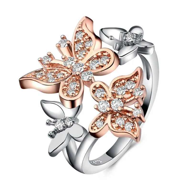 Wedding Rings Exquisite Rose Gold Butterfly Ring White Crystal Zircon Cocktail Party Women's Smycken Lover Gifts