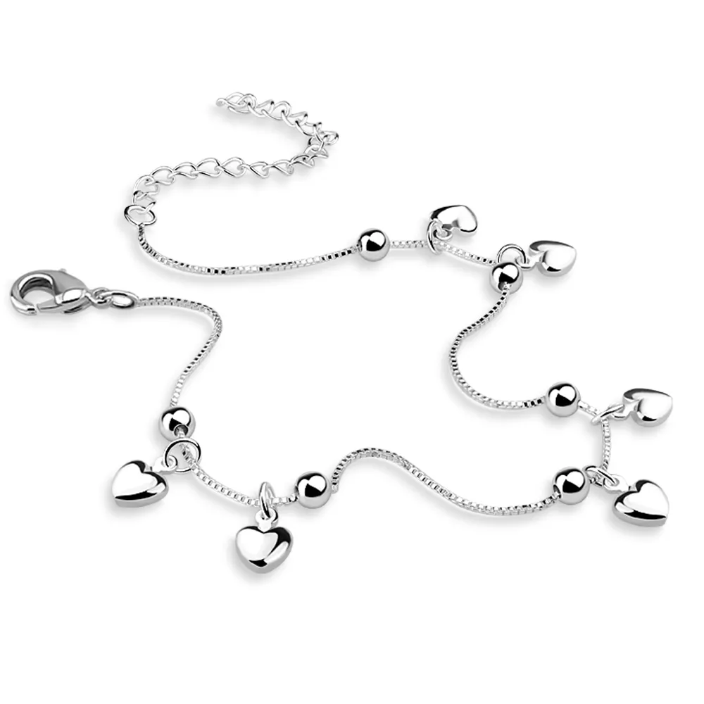 925 Sterling Heart Anklet para mulheres adorável simples amor correntes de prata menina coleta de verão ornamentos de presente