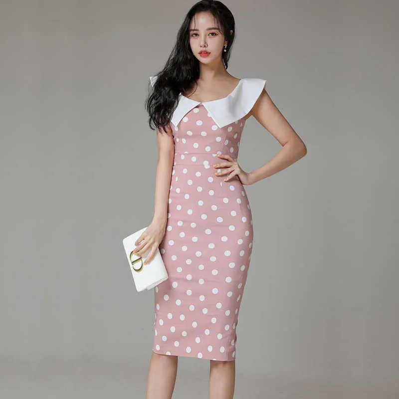 Élégant Casual Robe Femmes Slim O Cou Sans Manches Moulante Crayon Bureau Lady Polka Dot Robes Coréen 210529
