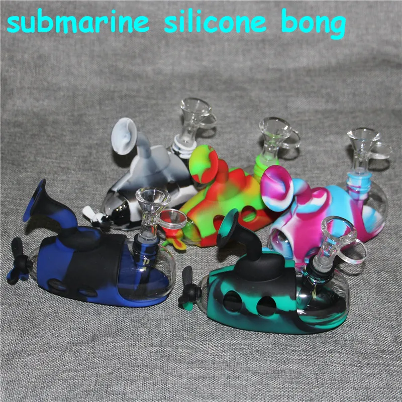 Submarine shape Silicone Hookah Bongs Water Pipes with 2 types bowls smoking glass oil bubblers hookahs opaque quartz bangers dabber wax tools