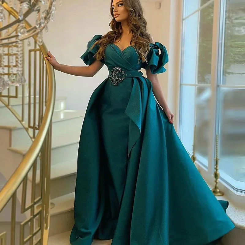 Formale grüne Meerjungfrau Abendkleider Kurze Ärmel Saudi-arabische Prom-Kleider für Frauen Partei Zweiter Empfang