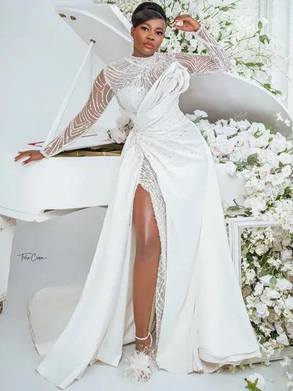 Plus Size Arabic Aso Ebi Sparkly Beaded Sexy High Split Bridal Dresses Long Sleeves Satin Wedding Gowns Zj0533