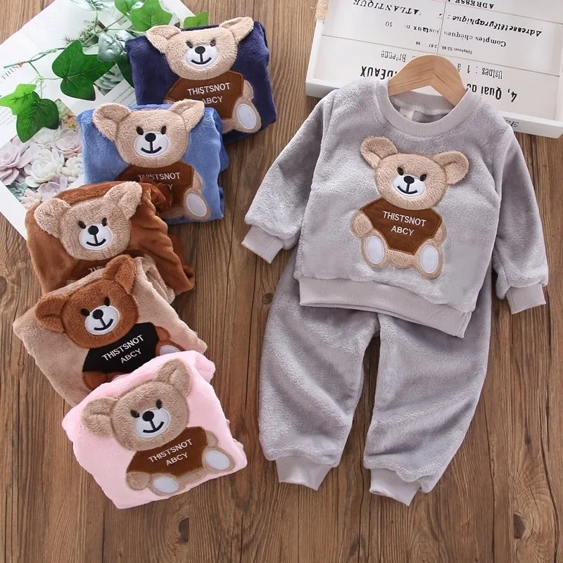 Herbst Winter Flanell Pyjamas Neugeborene Baby Jungen Kleidung Set Für Mädchen Kleidung Kleinkind Plüsch Anzug Casual Kinder Homewear 210309