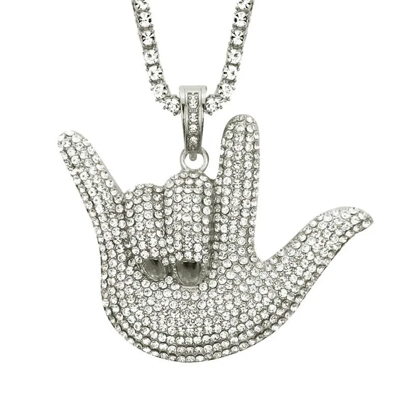 Pendant Necklaces Iced Out Full Rhinestone Rock Gesture ILY Love & Peace Sign Hand With Hip Hop Tennis Chain Rocker Jewelry