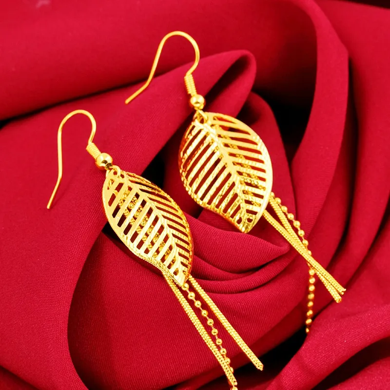 Unique Hollow Leaf Tassel Dangle Earring 18k Gold Filled Charm Women Jewelry Gift Pretty Lady Accessories