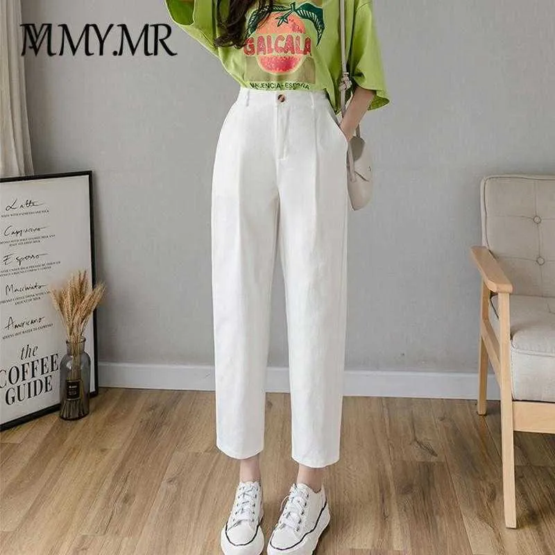 Calças casuais branco coreano mulheres soltas harem calças altas cintura macacão nove ponto mais tamanho 2021 nova chegada y2k zaraing q0801