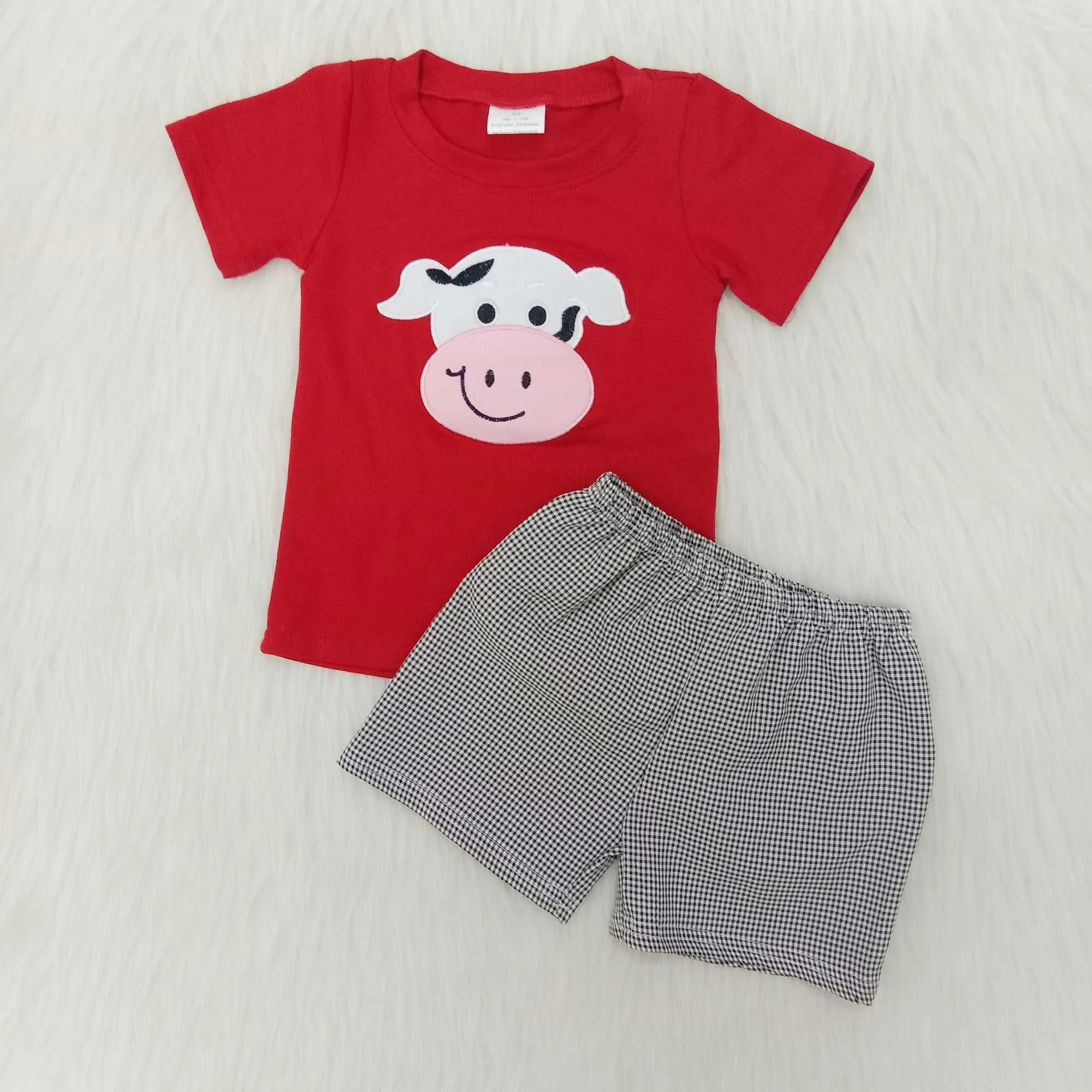 Partihandel Baby Boy Boutique Kläder Broderi Söt Ko Bomull Röd Top Seersucker Shorts Barn Sommar Set Kids Outfit x0802