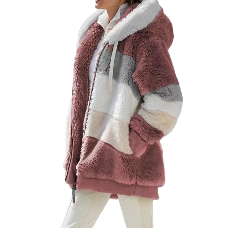 Chaqueta con capucha cálida de felpa de invierno para mujer de piel sintética, abrigo de bloque de Color de gran tamaño de manga larga D08E