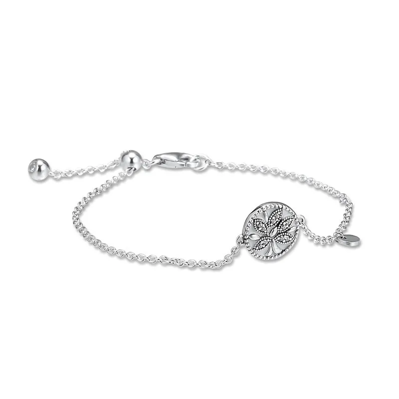 2019 100% 925 Sterling Silver Charm Jewelry Tree of Life Women Clear CZ Family Thin Chain Bracelets
