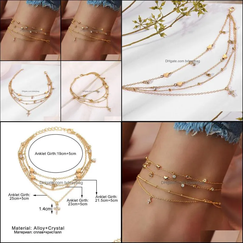 2021 Love cross Rhinestone Multi-layer Anklet Footwear