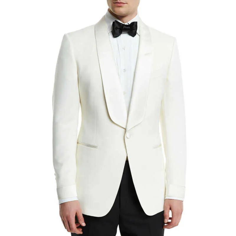 Masculino de marfim dos homens de negócios casuais smoking com calças pretas macho moda ternos conjunto jaqueta 2 peça traje para jantar festa x0909