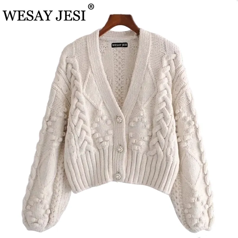 Wesay Jesi Women's Sweater Za Cardigans för kvinnor Strikkad Tjock Lös Lantern Sleeve Pearl Button Short Sweet Lazy Style 211218