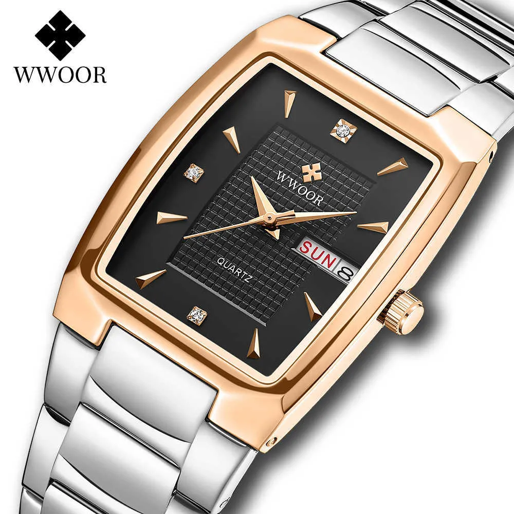 WWOOR Fashion Mens Watches Top Brand Luxury Men's Square Waterproof Automatic Week Date Quartz Wrist Watch Reloj Hombre 210527