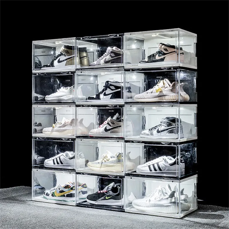 Ny ljudkontroll LED Light Clear Shoes Box Sneakers Lagring Anti-oxidation Arrangör Sko väggsamling Display Rack 2844 Q2