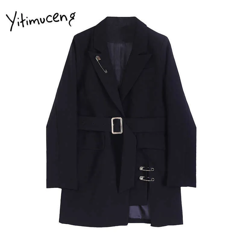 Yitimuceng Irregular Blazers for Women Split Notched Sashes Solid Casual Clothing Suit Office Lady Girls Coat Black Spring 210601