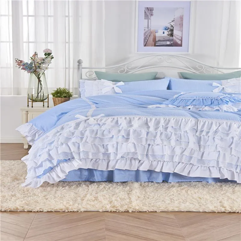 Blue Comforter Sets Korean Princess Lace Ruffles Embroidery Skirt Style