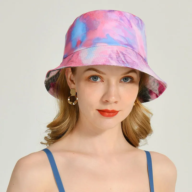 패션 여성 양동이 여름 면화 평면 태양 가역 넥타이 염료 어부 모자 야외 스포츠 여행 해변 모자