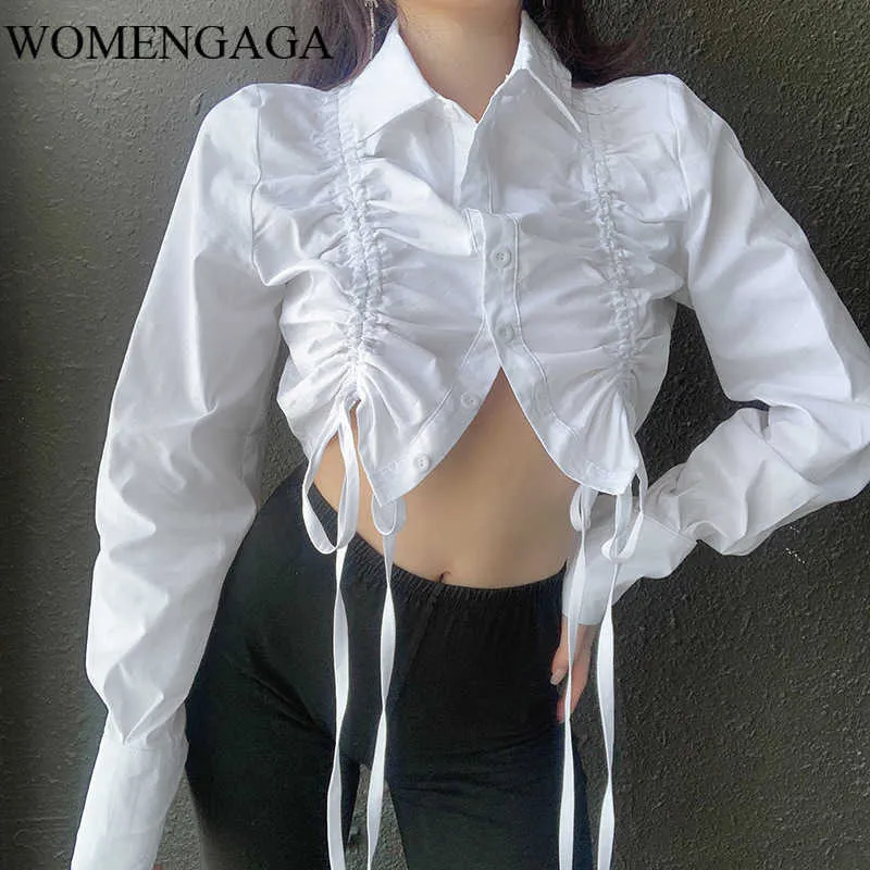 Womengaga Sense Drawstring Turn-down Collar Långärmad T-shirt Kvinnors Höst Koreanska Temperament Kort Fold Navel Top VBTY 210603