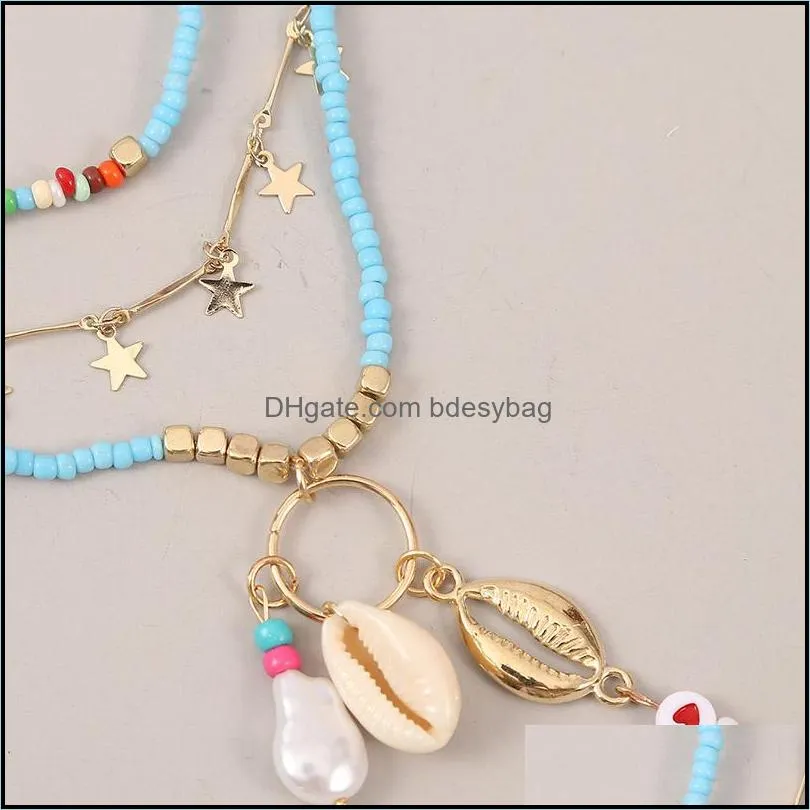 3 Pcs/Set Boho Fashion Natural Shell Star Pendant Blue Glass Beaded Long Necklaces For Women Trendy Gold Metal Chain Necklace