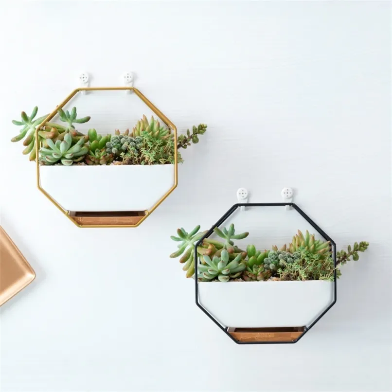 Nordic style Metal Rack White Ceramic Vase Planter Pot Octagonal Geometric Wall Hanging vases for flowers Bamboo Tray 211130