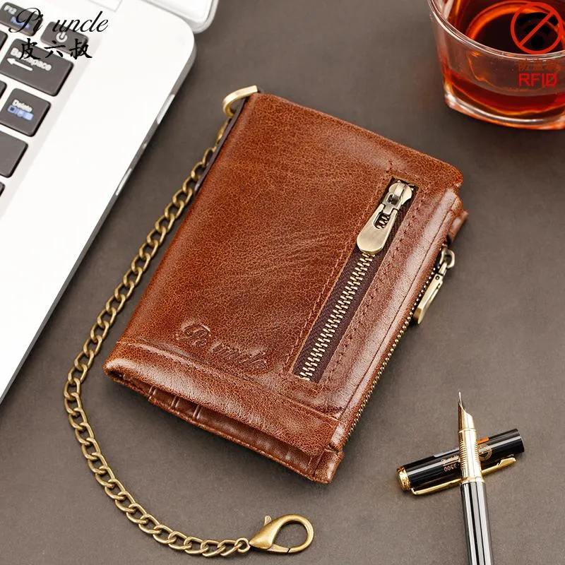 Plånböcker mode äkta läder män kort plånbok bifold rfid ID korthållare mynt handväska med dubbel dragkedja liten man