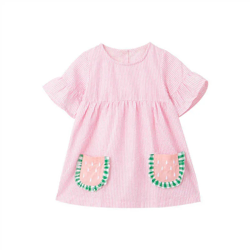 Dziewczynka Ubrania Cute Girls Dress New Summer Toddler Casual Bawełniane Paski Pocket Drukujące sukienki dla dzieci 2-7 lat q0716