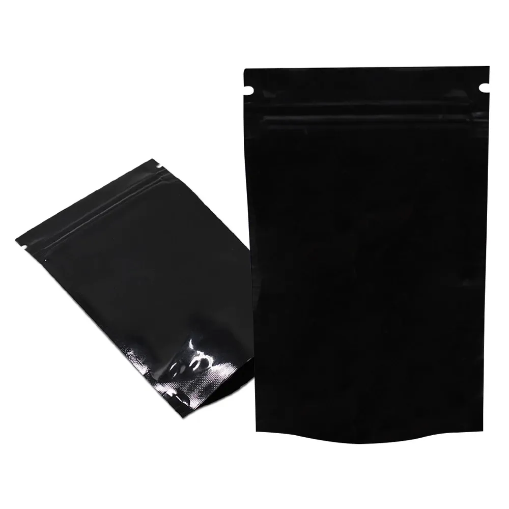 100 pcs lustroso bloqueio preto fecho de pé para cima saco alumínio mylar folha zíper aperto selo doypack rasgo entalhe malotas de embalagem de feijão