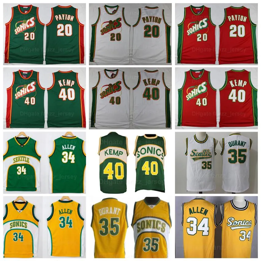 Seattle Vinatge Koszykówka 20 Gary Payton Jersey Mężczyźni 35 Kevin Durant 40 Shawn Kemp 34 ray Allen Retro Yellow Green White Wszystkie szyte