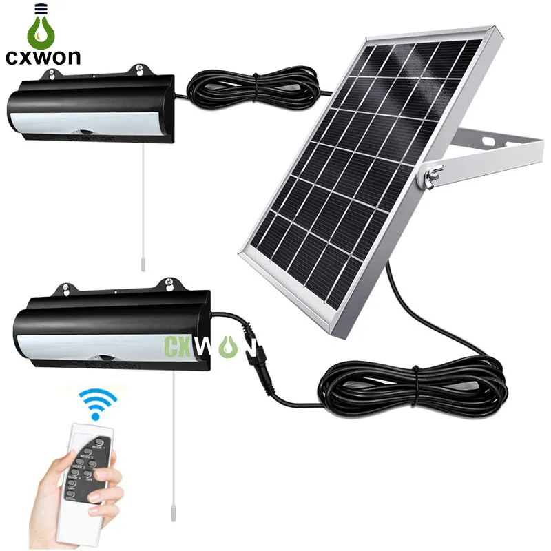 Upgraded Double Head Solar Lampen Outdoor Hanglampen Motion Sensor IP65 Waterdichte LED Shed Light met dimbaar afstandsbedieningskabel