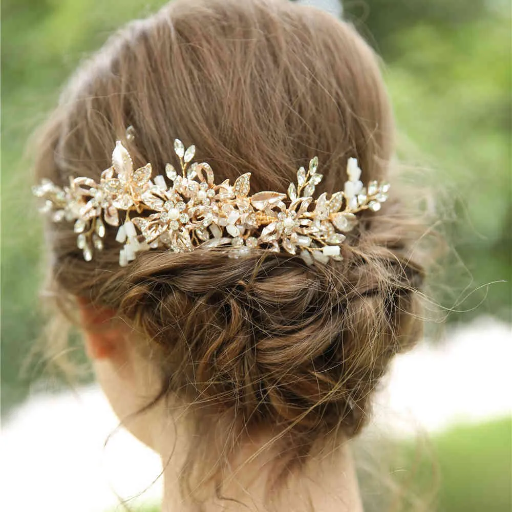 Gold Color Flower Pearl Rhinestone Comb Accessories For Women Handmade Wedding Hair Jewelry Headband Bride Accesories