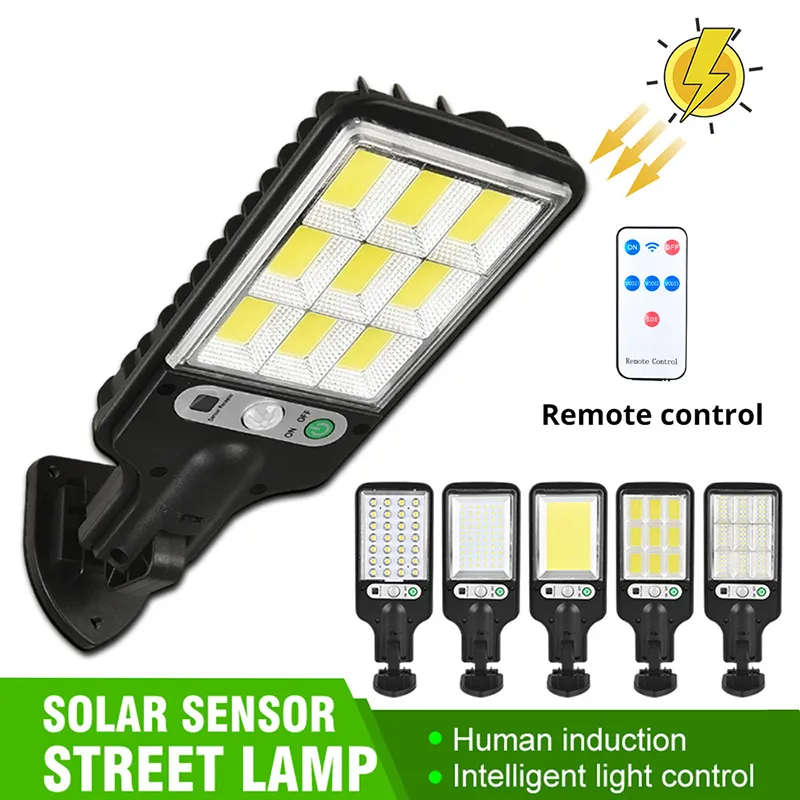 Lâmpadas de parede de LED COB de luz de rua solar ao ar livre com 3 modos de luz Material à prova d'água de indução do corpo humano para jardim no terraço