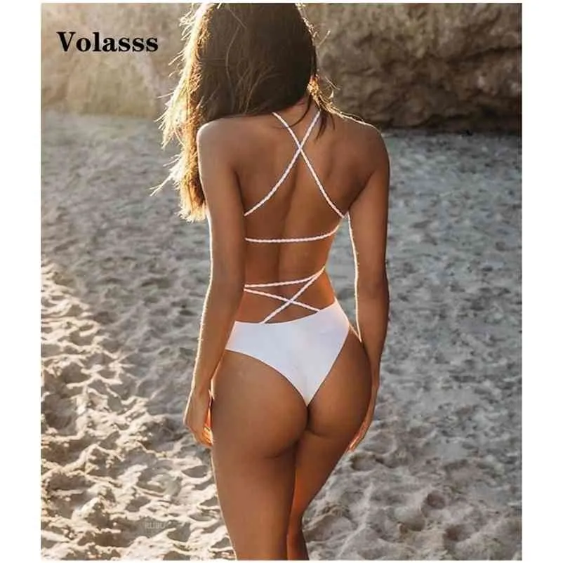 Sexiga Strappy Girls Baddräkt Badkläder Kvinnor Kvinna Hög midja Vit Bikini Badeanzug Biquini Brasileiro Beach Wear 210621