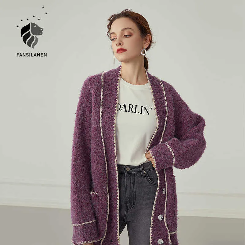 FANSILANEN Stickerei gestreifte violette Strickjacke Frauen Herbst Winter kurzer übergroßer Pullover Weiblicher schwarzer Vintage-Pullover 210607