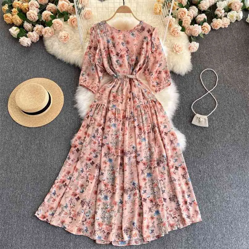 Kadın Moda Şifon Elbise Yuvarlak Boyun Tatlı Ahşap Kulak Kesme Ince Retro Çiçek Baskı Tatil Yaz Harajuku Vestidos S578 210527