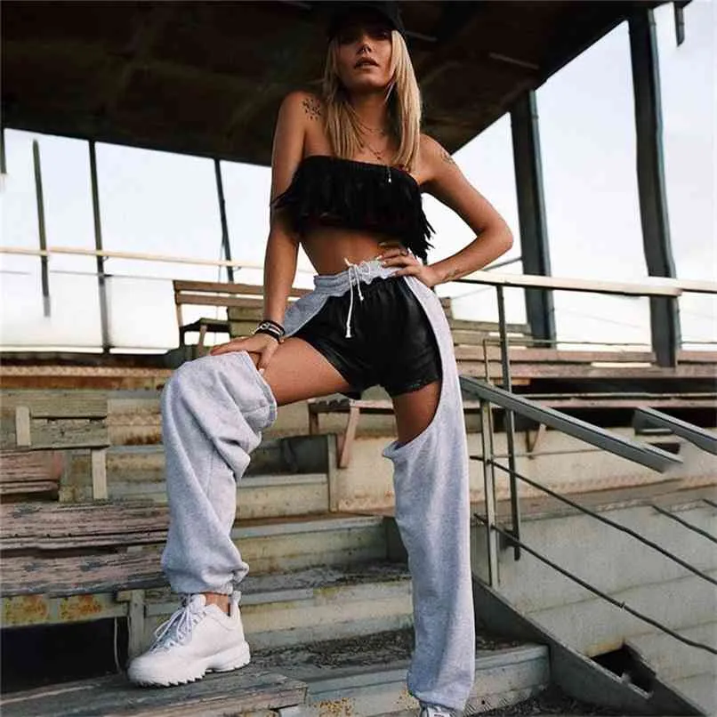 Arrival Kobiety Wytnij Jogger Spodnie Gothic Hip Hop High Waist Hollow Casual Spodnie Streetwear Cargo Samica Dolny 210915