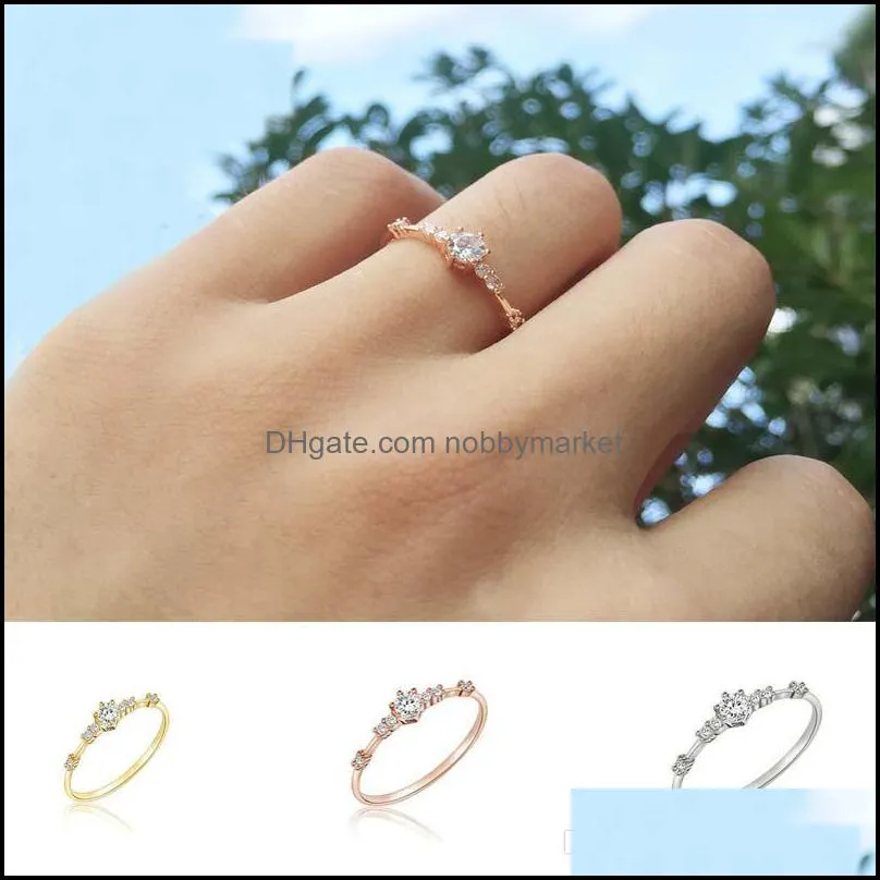 Band Ringar Smycken Högkvalitativ Crystal Zircon för Kvinnor Korea Style Sex Prong Setting Sier Gold Rose Färg Bröllop Mode Drop Leverans 20