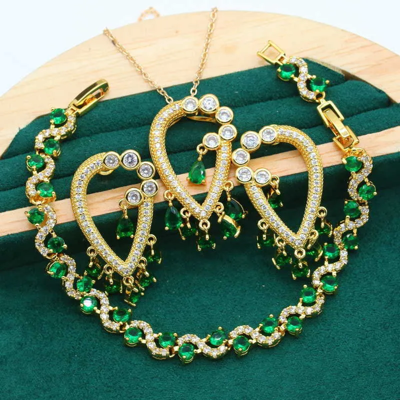 New Arrivals Green Zircon Gold Color Wedding Jewelry Set for Women Party Bracelet Earrings Necklace Pendant Christmas Gift H1022
