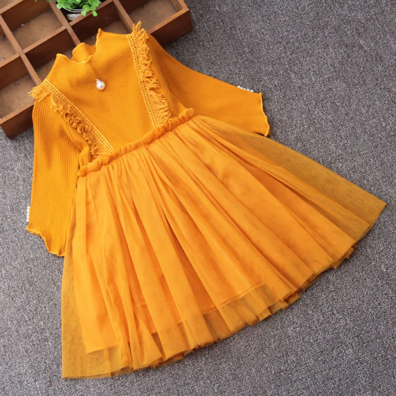 2020 New Type Lace Girls Autumn Dress Kids Dresses Princess Party Birthday Dress Kids Clothes with Pearls Ball Gown 3Color 3-9Y Q0716