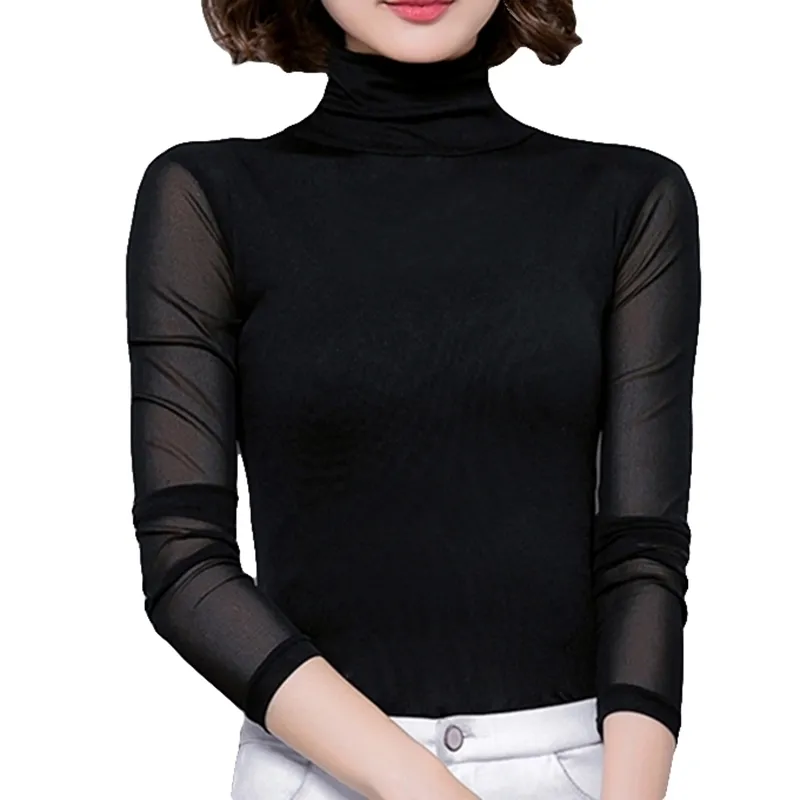 Sexy Mesh Top Camicetta Donna Dolcevita Manica lunga Top Elasticità Camicia nera Silm Blusas Mujer De Moda Camicie casual Nuovo 210315