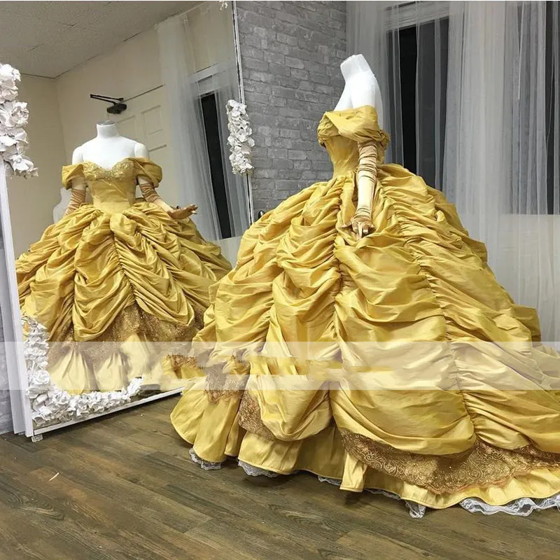 Off Ombro Floral Applique Quinceanera Vestidos Ruffles Princesa Doce 16 Gold Lace-Up Vestido de Prom Vestidos de 15 Años 2021