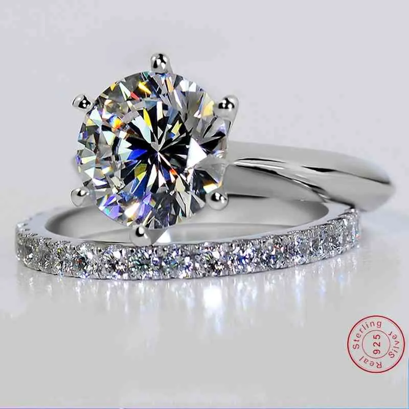 Luxury Brand 1.5 CT Lab Diamond Weeding Solid 925 Silver Wedding Set för Women Band Smycken Staplable Rings