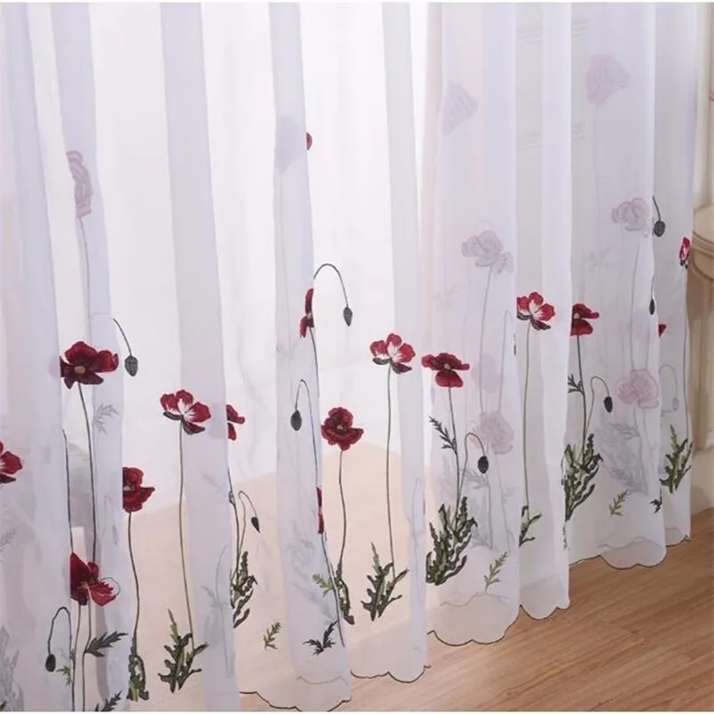 Clássico branco puro cortina de flor vermelha bordada tule para sala de estar simples tela de janela pastoral Voile drape bedroom 210913